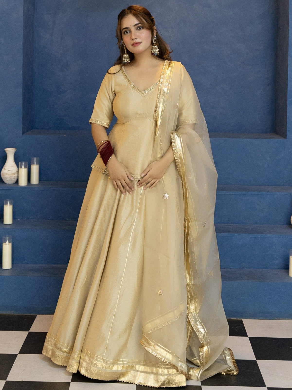 Champagne Beige Gold Zari Embroidered Organza Lehenga Suit with Dupatta