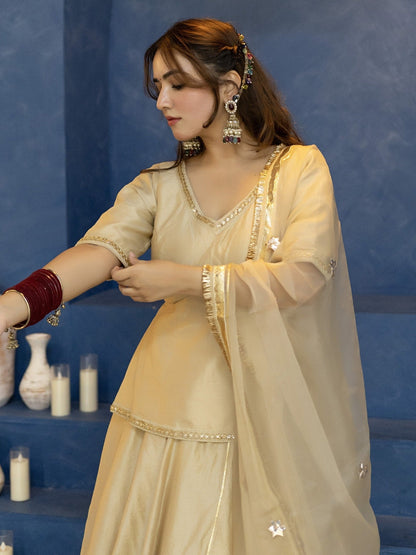Champagne Beige Gold Zari Embroidered Organza Lehenga Suit with Dupatta