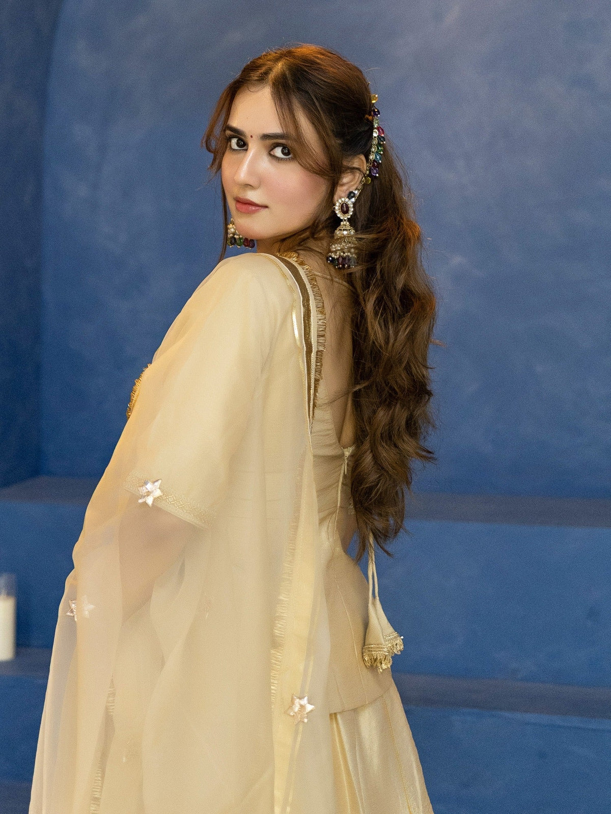 Champagne Beige Gold Zari Embroidered Organza Lehenga Suit with Dupatta
