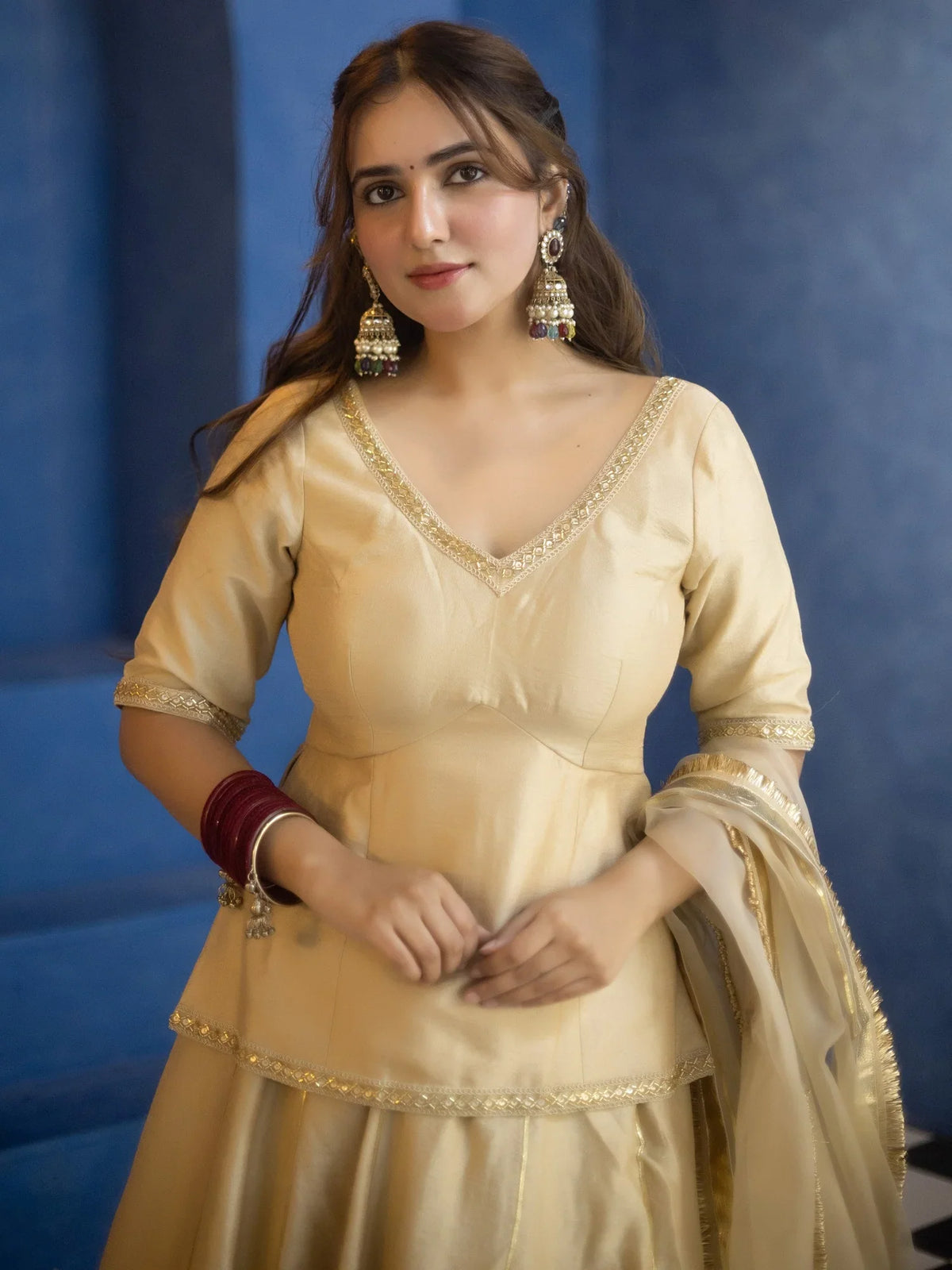 Champagne Beige Gold Zari Embroidered Organza Lehenga Suit with Dupatta