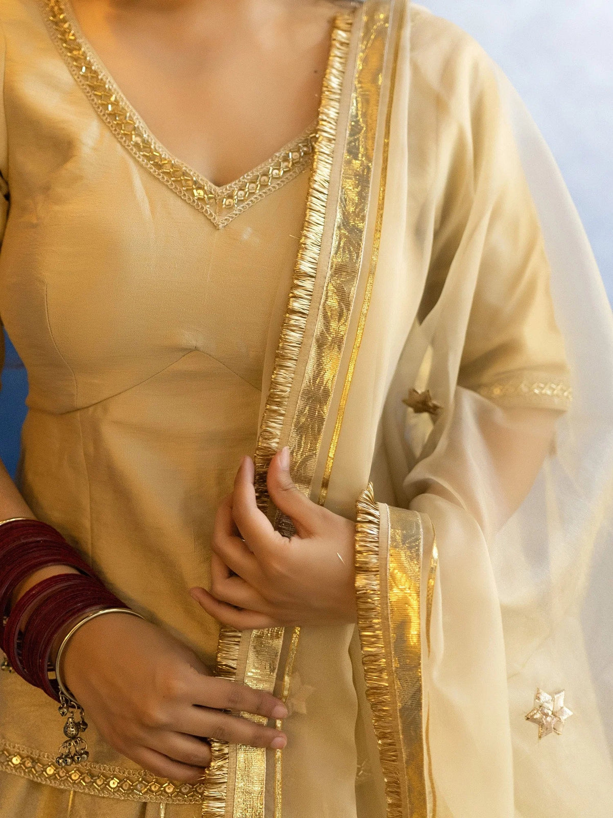 Champagne Beige Gold Zari Embroidered Organza Lehenga Suit with Dupatta