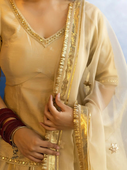 Champagne Beige Gold Zari Embroidered Organza Lehenga Suit with Dupatta