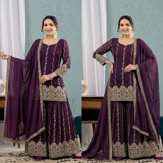 Premium Purple Straight Kurta Sharara Set with Heavy Embroidery