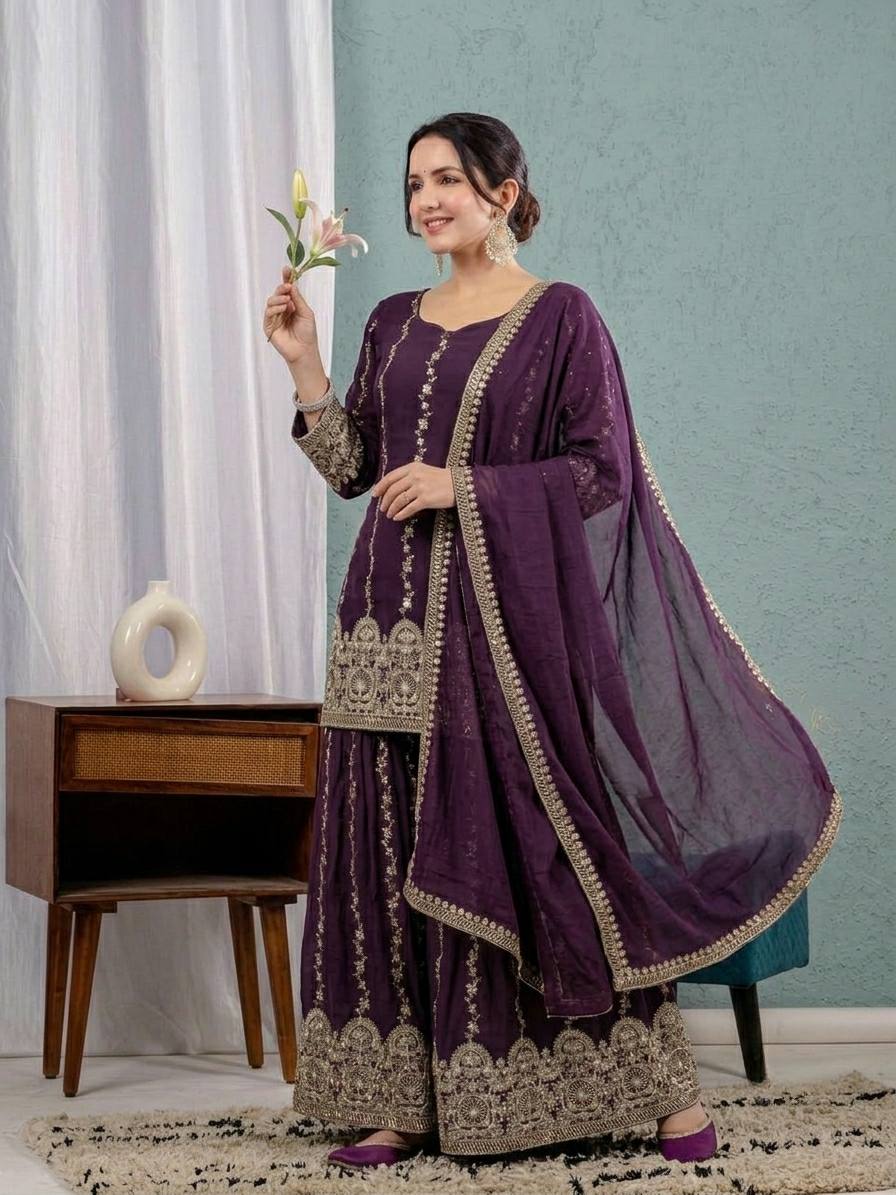 Premium Purple Straight Kurta Sharara Set with Heavy Embroidery