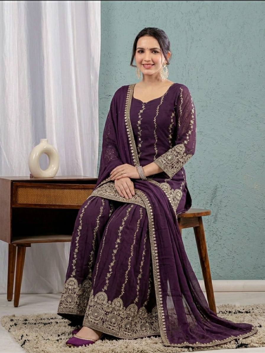 Premium Purple Straight Kurta Sharara Set with Heavy Embroidery