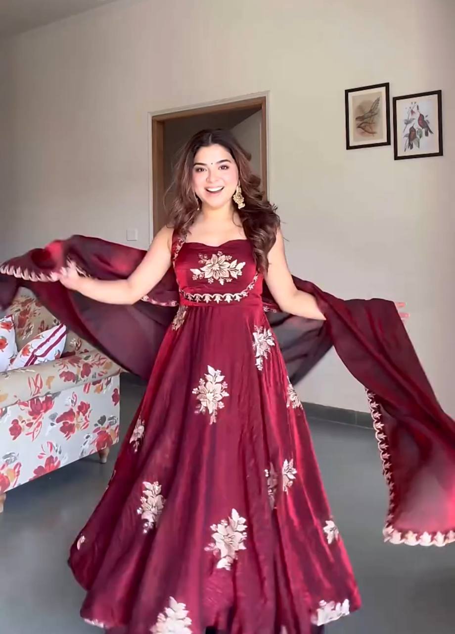 Maroon Anarkali Style Floral Embroidered Silk Anarkali Set