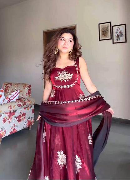 Maroon Anarkali Style Floral Embroidered Silk Anarkali Set