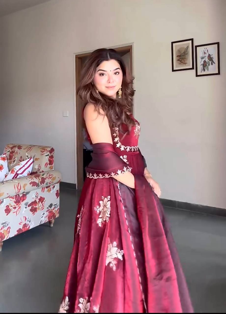 Maroon Anarkali Style Floral Embroidered Silk Anarkali Set