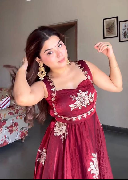 Maroon Anarkali Style Floral Embroidered Silk Anarkali Set