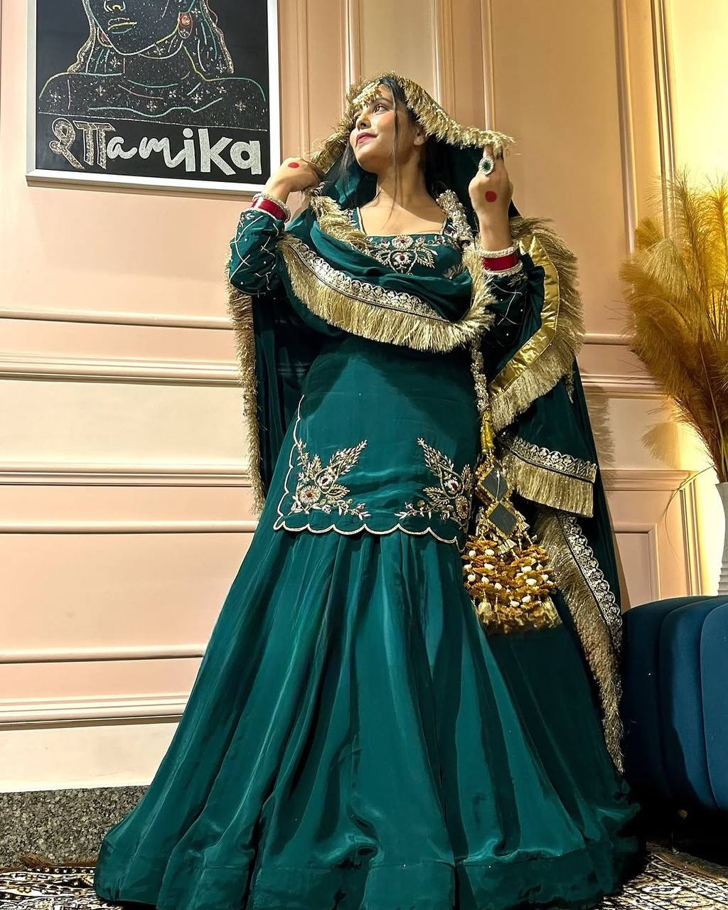 Elegant Emerald Green Embroidered  Set with Dupatta