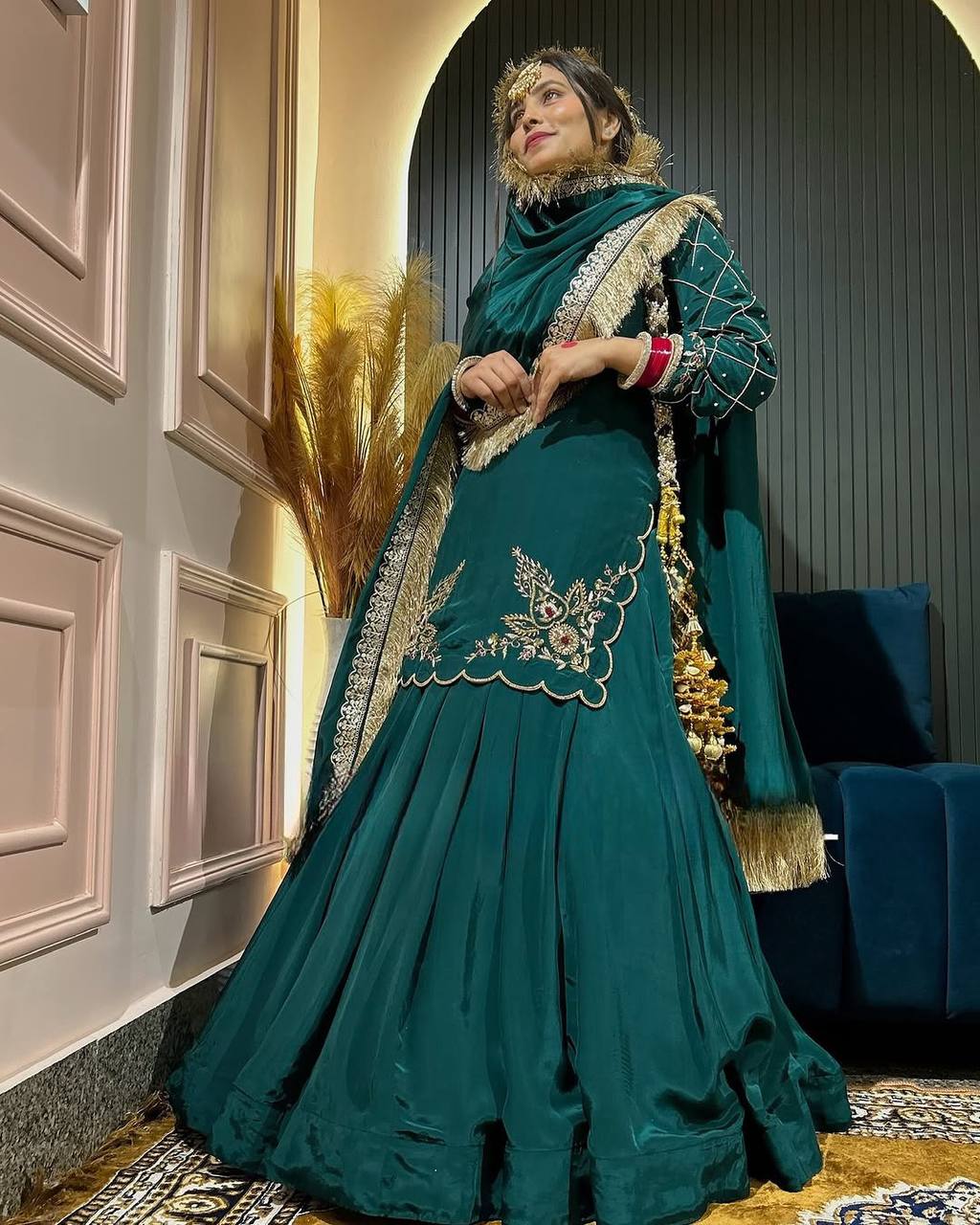 Elegant Emerald Green Embroidered  Set with Dupatta