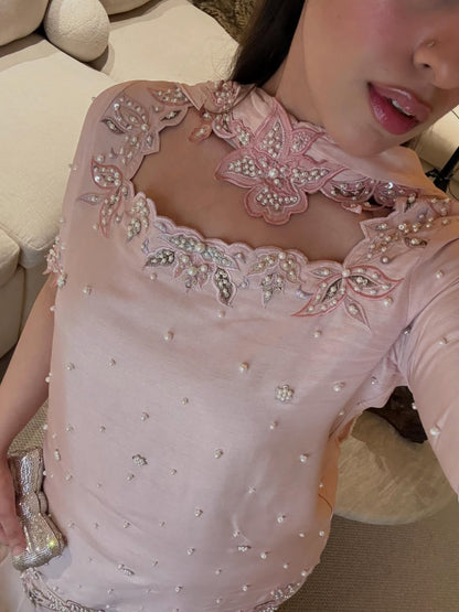 Blush Pink Heavy Floral Embroidered Georgette Straight Suit with Soft Dupatta