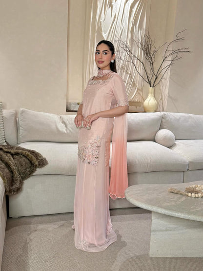 Blush Pink Heavy Floral Embroidered Georgette Straight Suit with Soft Dupatta