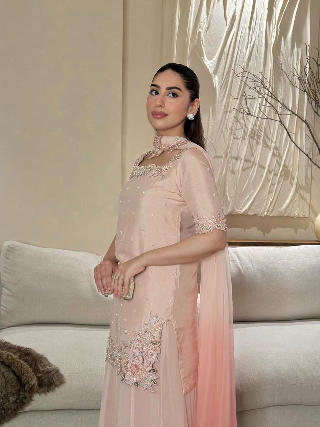 Blush Pink Heavy Floral Embroidered Georgette Straight Suit with Soft Dupatta