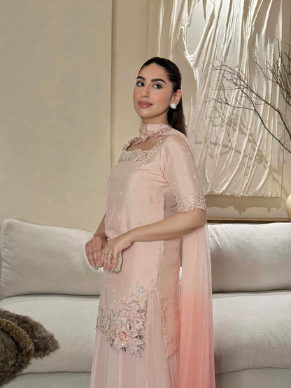 Blush Pink Heavy Floral Embroidered Georgette Straight Suit with Soft Dupatta