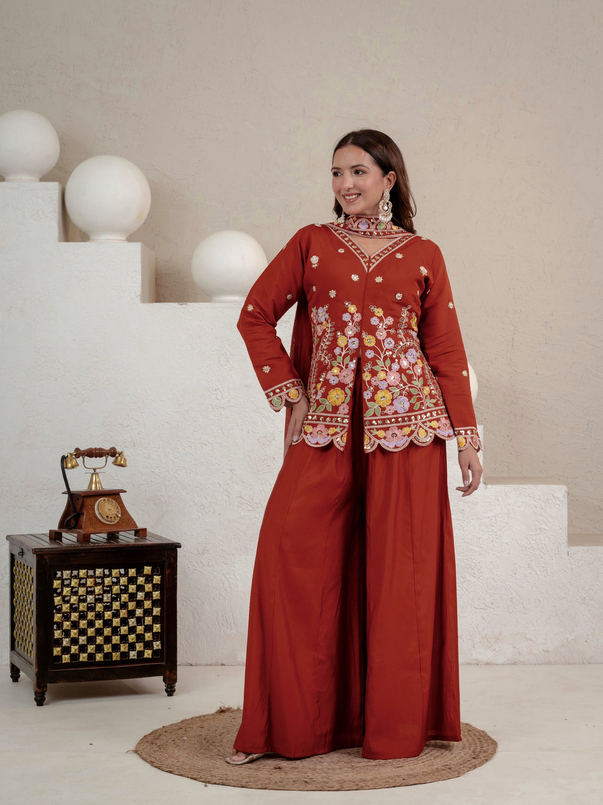 Women's Rust Floral Embroidered Roman Silk Straight Kurti with Palazzo Se