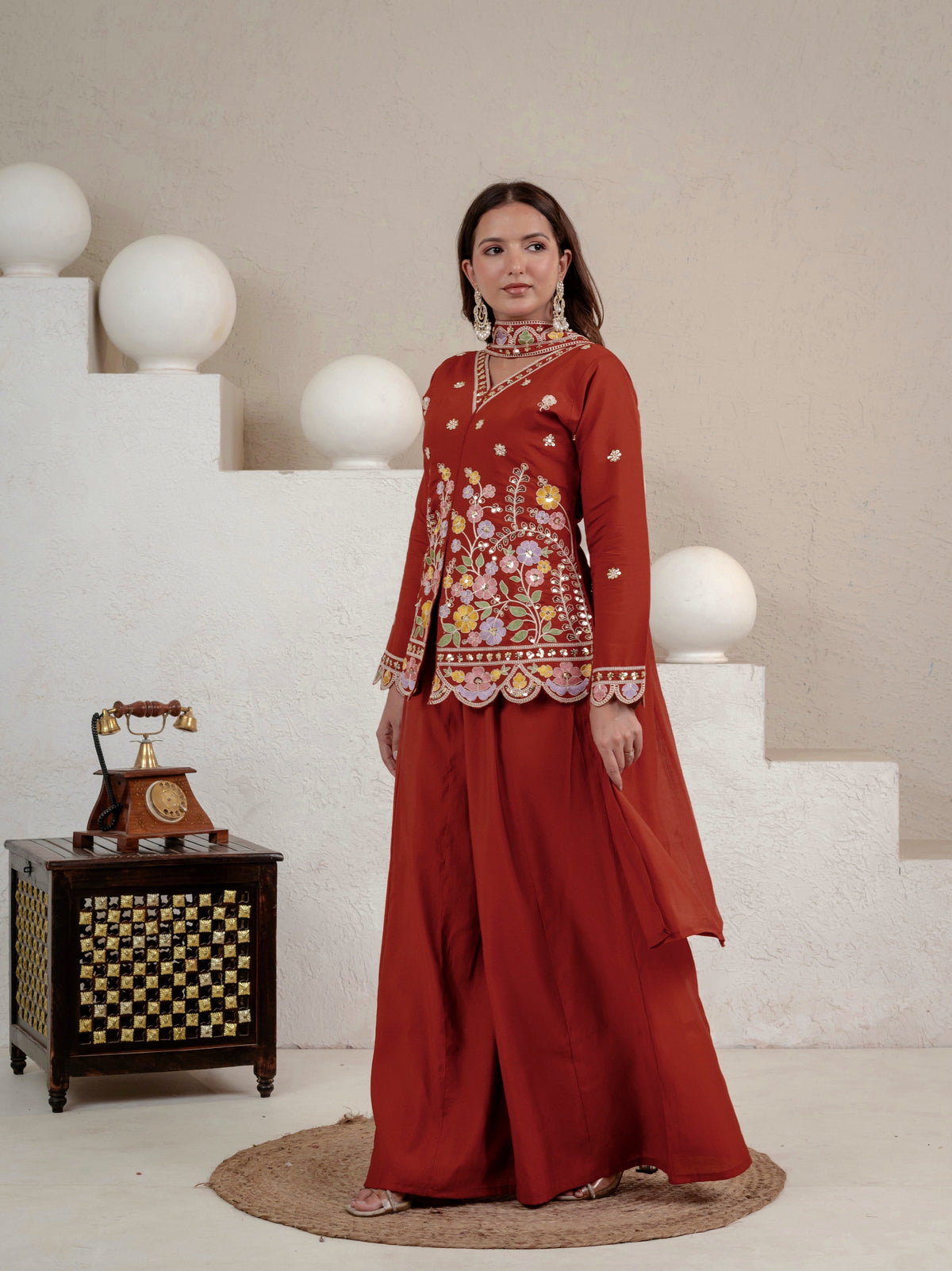 Women's Rust Floral Embroidered Roman Silk Straight Kurti with Palazzo Se