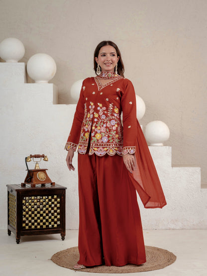 Women's Rust Floral Embroidered Roman Silk Straight Kurti with Palazzo Se