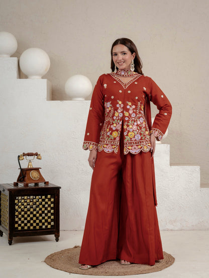 Women's Rust Floral Embroidered Roman Silk Straight Kurti with Palazzo Se
