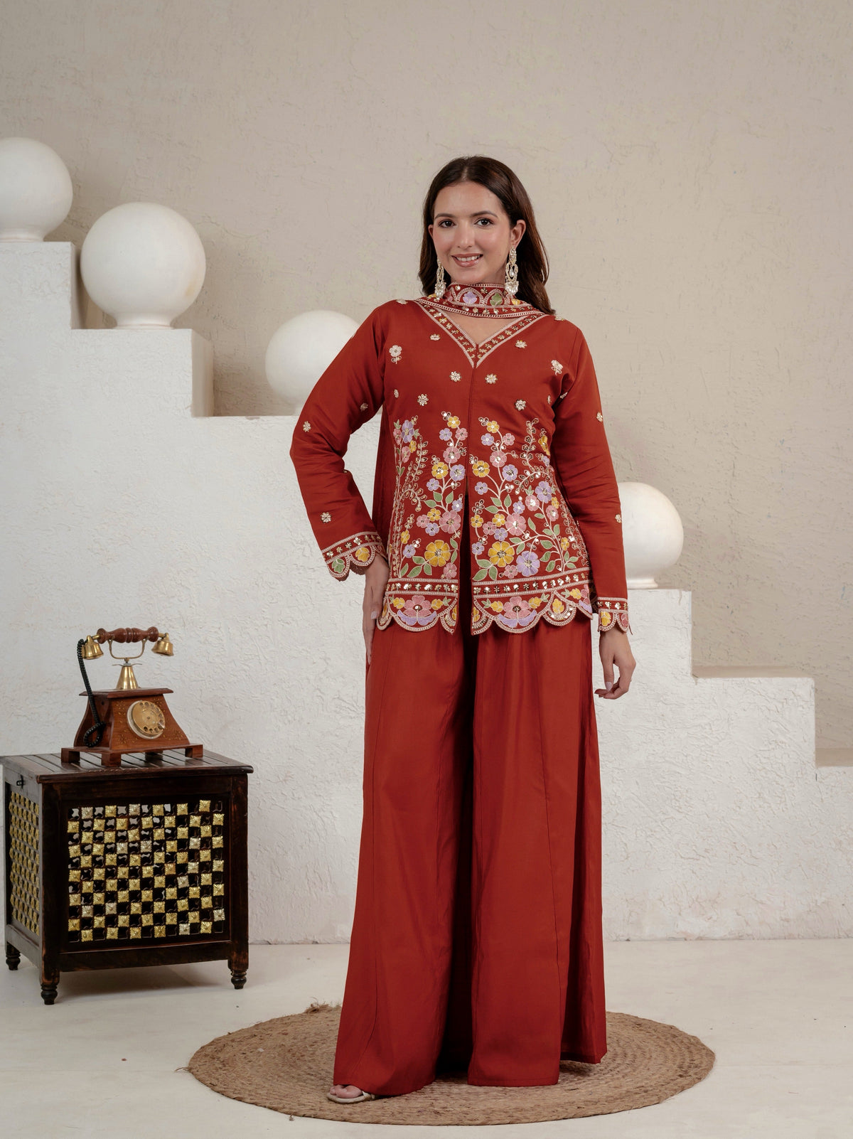 Women's Rust Floral Embroidered Roman Silk Straight Kurti with Palazzo Se