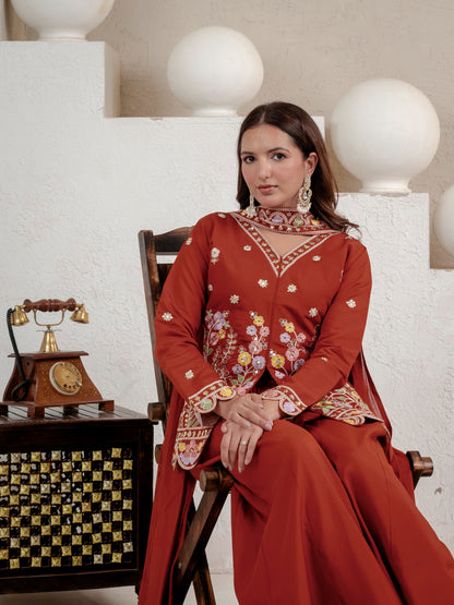 Women's Rust Floral Embroidered Roman Silk Straight Kurti with Palazzo Se