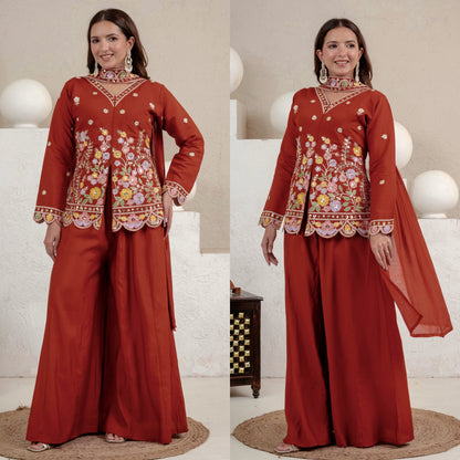 Women's Rust Floral Embroidered Roman Silk Straight Kurti with Palazzo Se