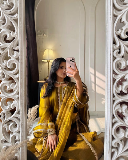 Mustard Organza Kurta Set with Embroidered Neckline & Dupatta – Elegant Festive Wear