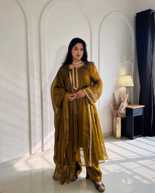 Mustard Organza Kurta Set with Embroidered Neckline & Dupatta – Elegant Festive Wear