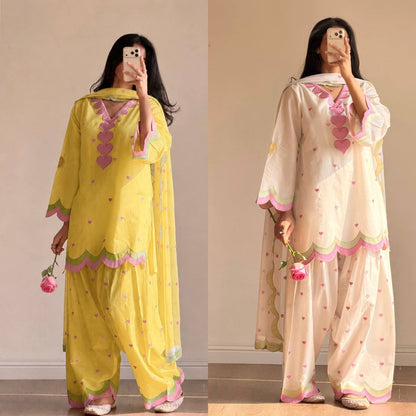 Ivory Pink Heart Embroidery thread Work Farshi Salwar Suit Set