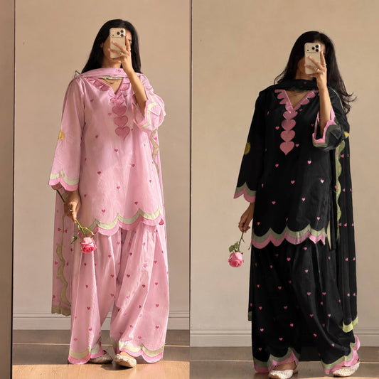 Black Heart Embroidered Thread Work Cotton Farshi Salwar Suit Set