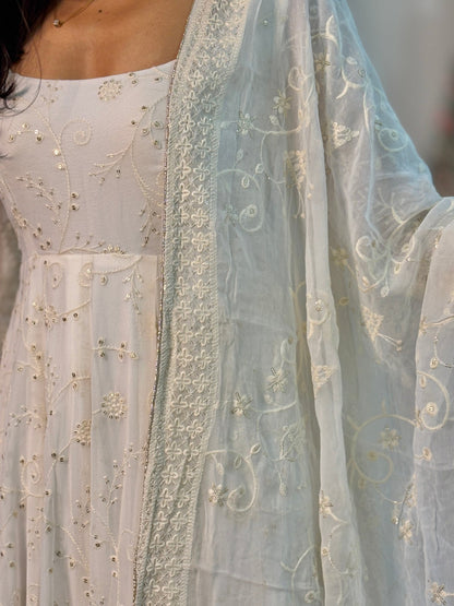 “Charming White Embroidered Anarkali Suit