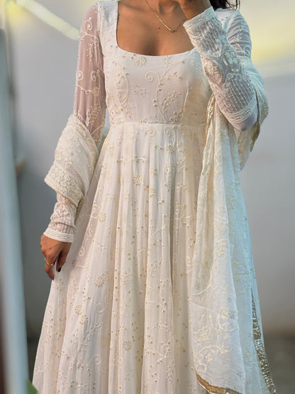“Charming White Embroidered Anarkali Suit