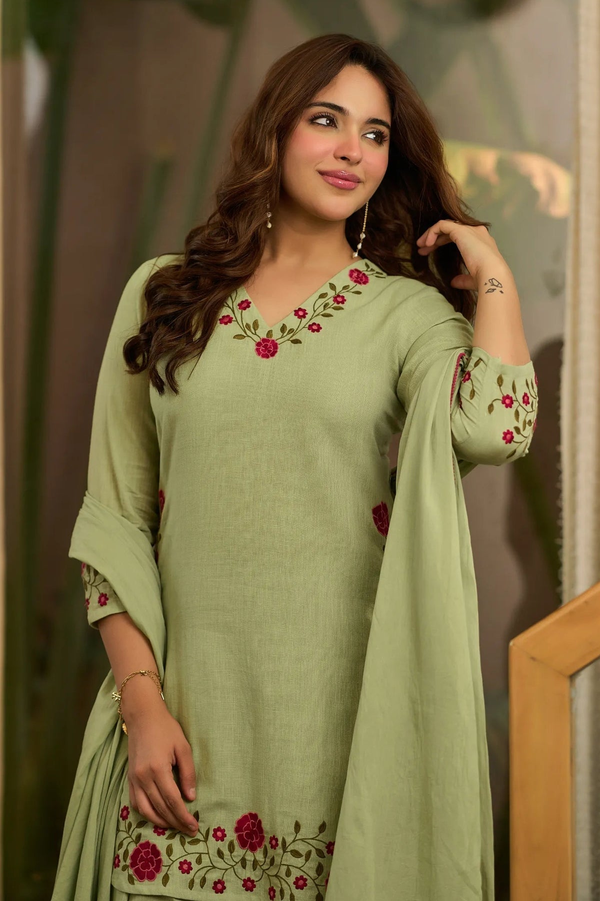 Raivya Green Embroidered Cotton Farshi Salwar Set