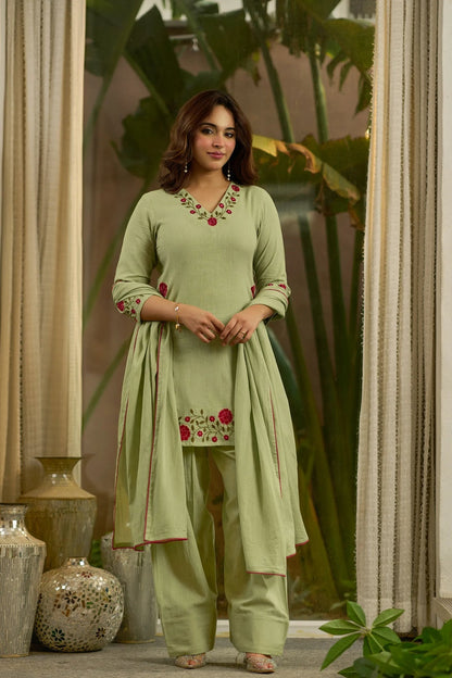 Raivya Green Embroidered Cotton Farshi Salwar Set