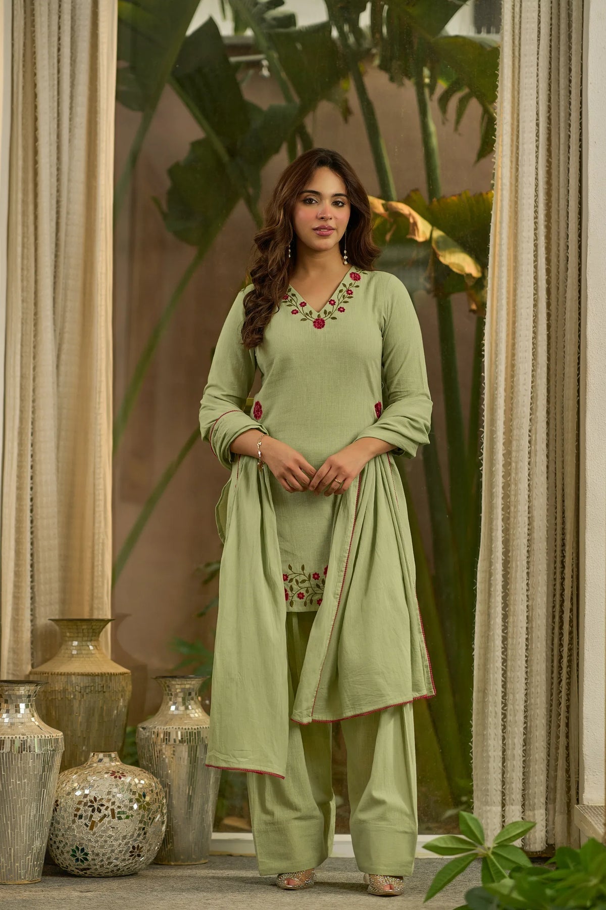 Raivya Green Embroidered Cotton Farshi Salwar Set