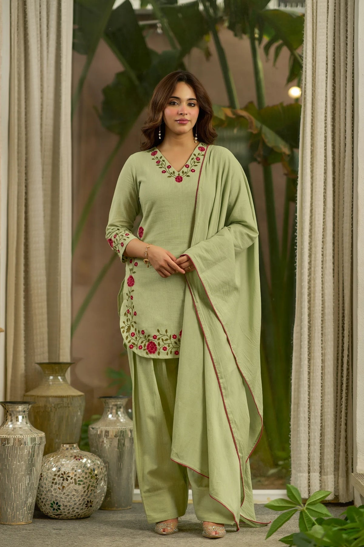 Raivya Green Embroidered Cotton Farshi Salwar Set