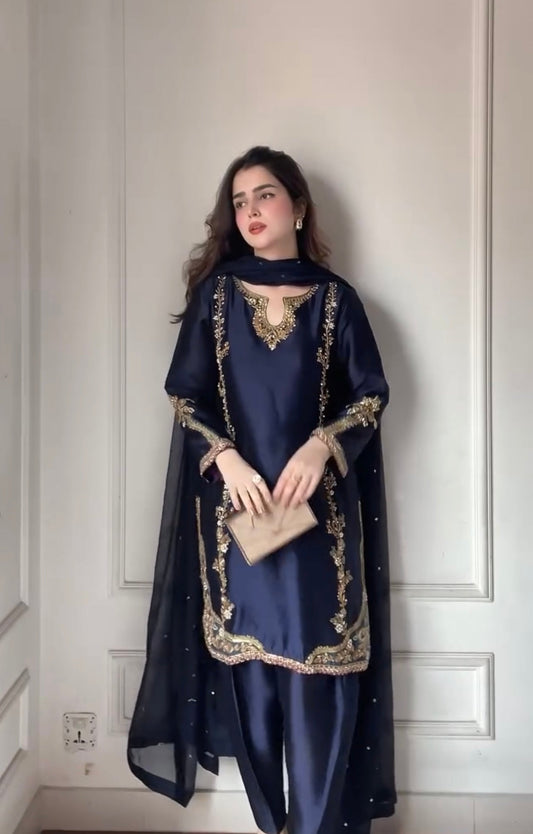 Midnight Blue Zari Embroidered Suit Set