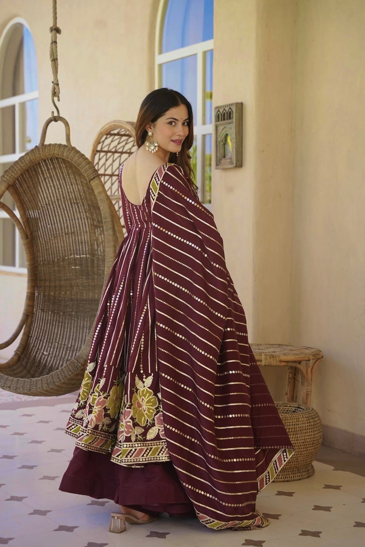 Wine Purple Floral Embroidered Cotton Anarkali Kurta with Palazzo & Striped Dupatta