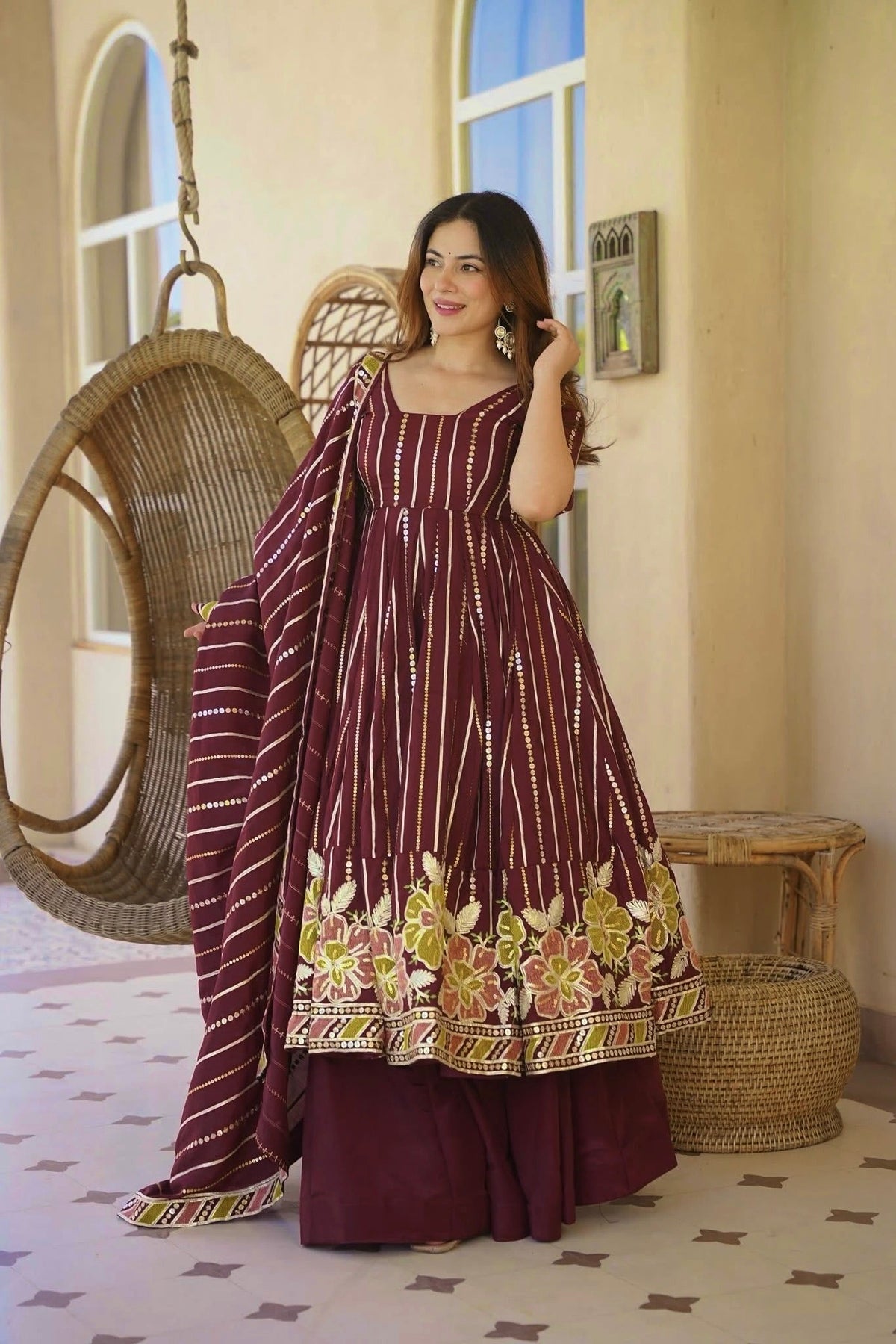 Wine Purple Floral Embroidered Cotton Anarkali Kurta with Palazzo & Striped Dupatta