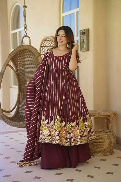 Wine Purple Floral Embroidered Cotton Anarkali Kurta with Palazzo & Striped Dupatta