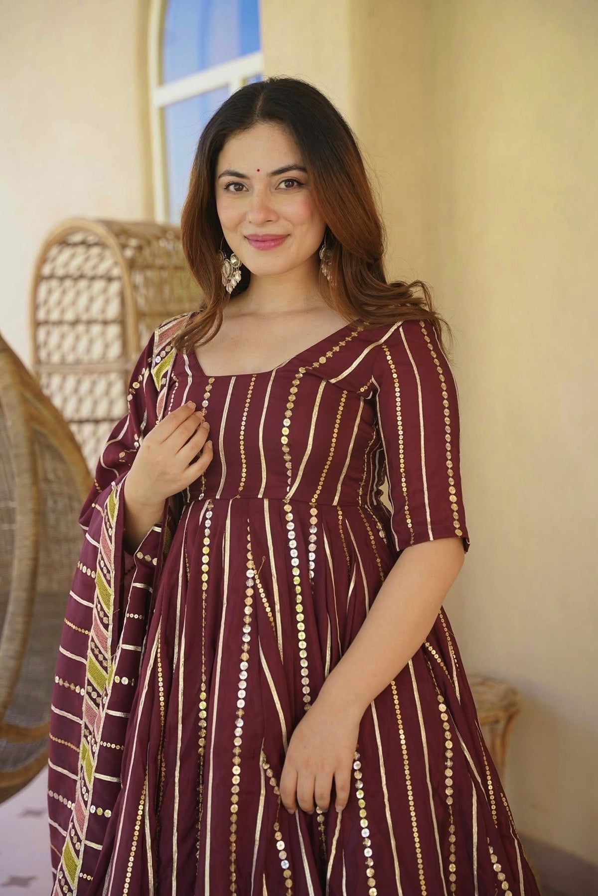 Wine Purple Floral Embroidered Cotton Anarkali Kurta with Palazzo & Striped Dupatta
