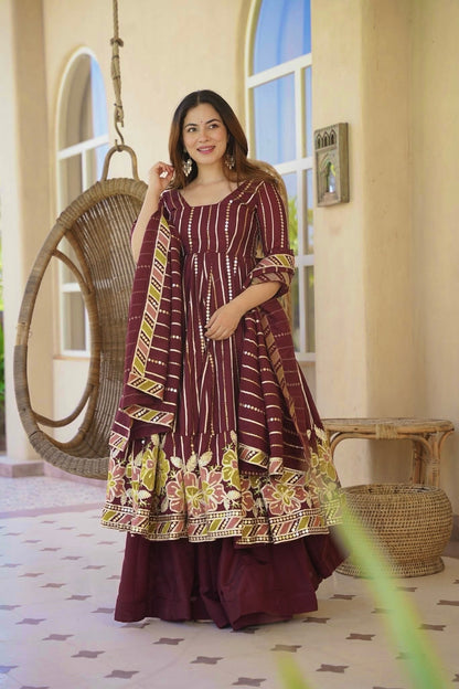 Wine Purple Floral Embroidered Cotton Anarkali Kurta with Palazzo & Striped Dupatta