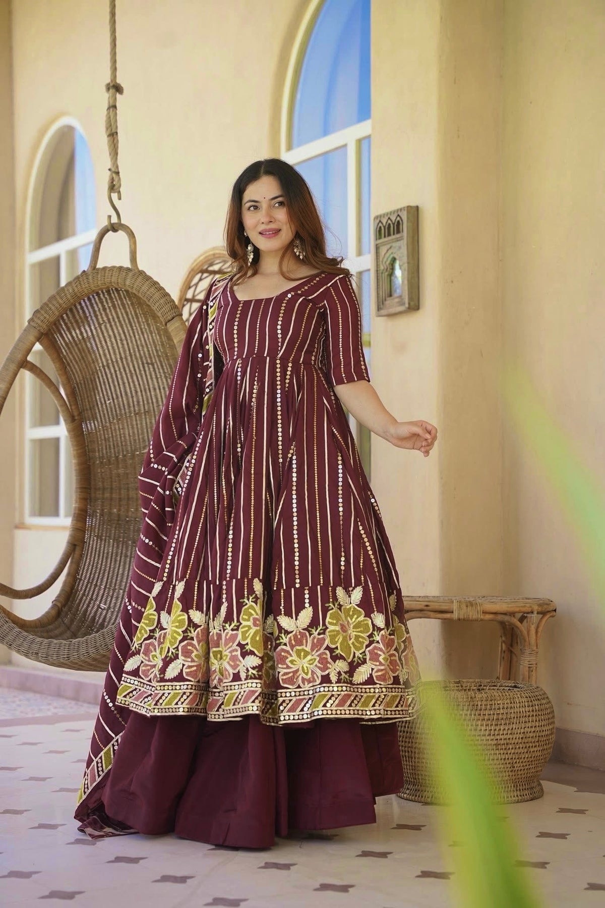 Wine Purple Floral Embroidered Cotton Anarkali Kurta with Palazzo & Striped Dupatta