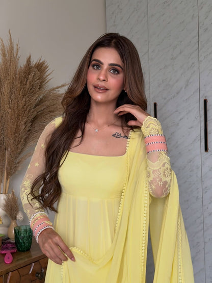 Pastel Yellow Embroidered Georgette Anarkali Suit with Net Sleeves, Matching & Dupatta