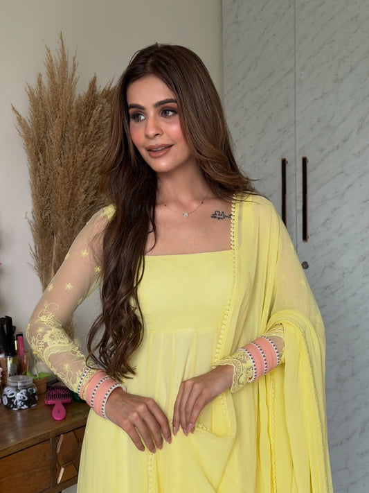 Pastel Yellow Embroidered Georgette Anarkali Suit with Net Sleeves, Matching & Dupatta