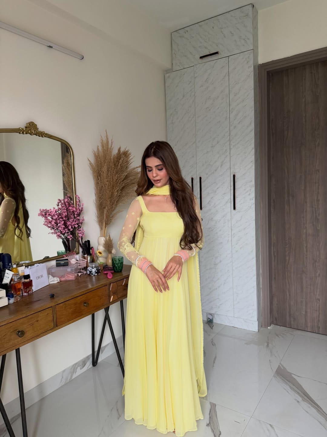 Pastel Yellow Embroidered Georgette Anarkali Suit with Net Sleeves, Matching & Dupatta