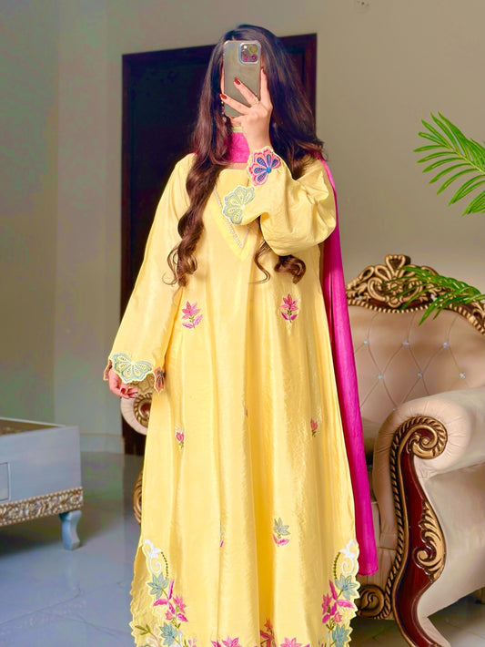 Pastel Yellow Floral Embroidered Silk Straight Suit Set with Multicolor Dupatt