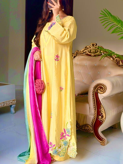 Pastel Yellow Floral Embroidered Silk Straight Suit Set with Multicolor Dupatt