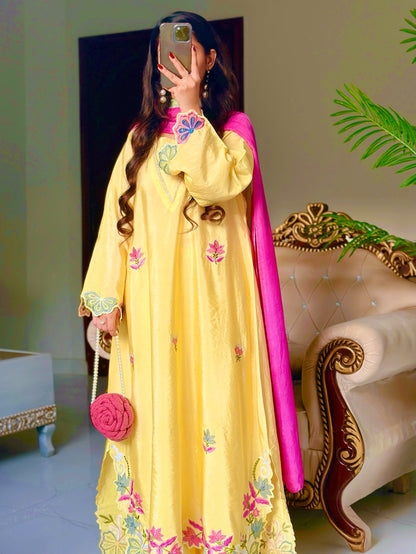 Pastel Yellow Floral Embroidered Silk Straight Suit Set with Multicolor Dupatt