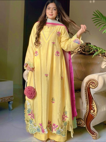 Pastel Yellow Floral Embroidered Silk Straight Suit Set with Multicolor Dupatt
